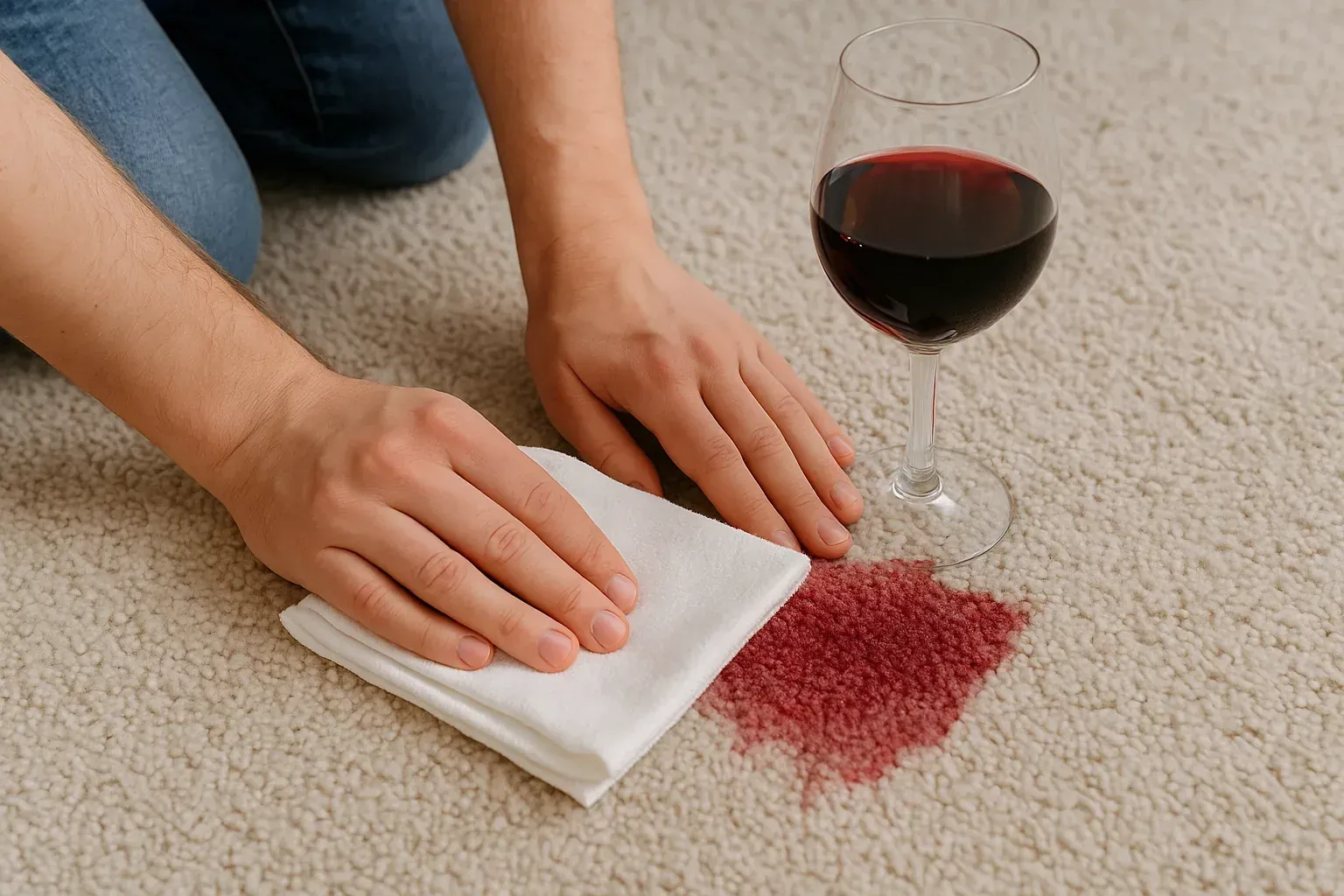Cleaning a red wine stain from a white carpet