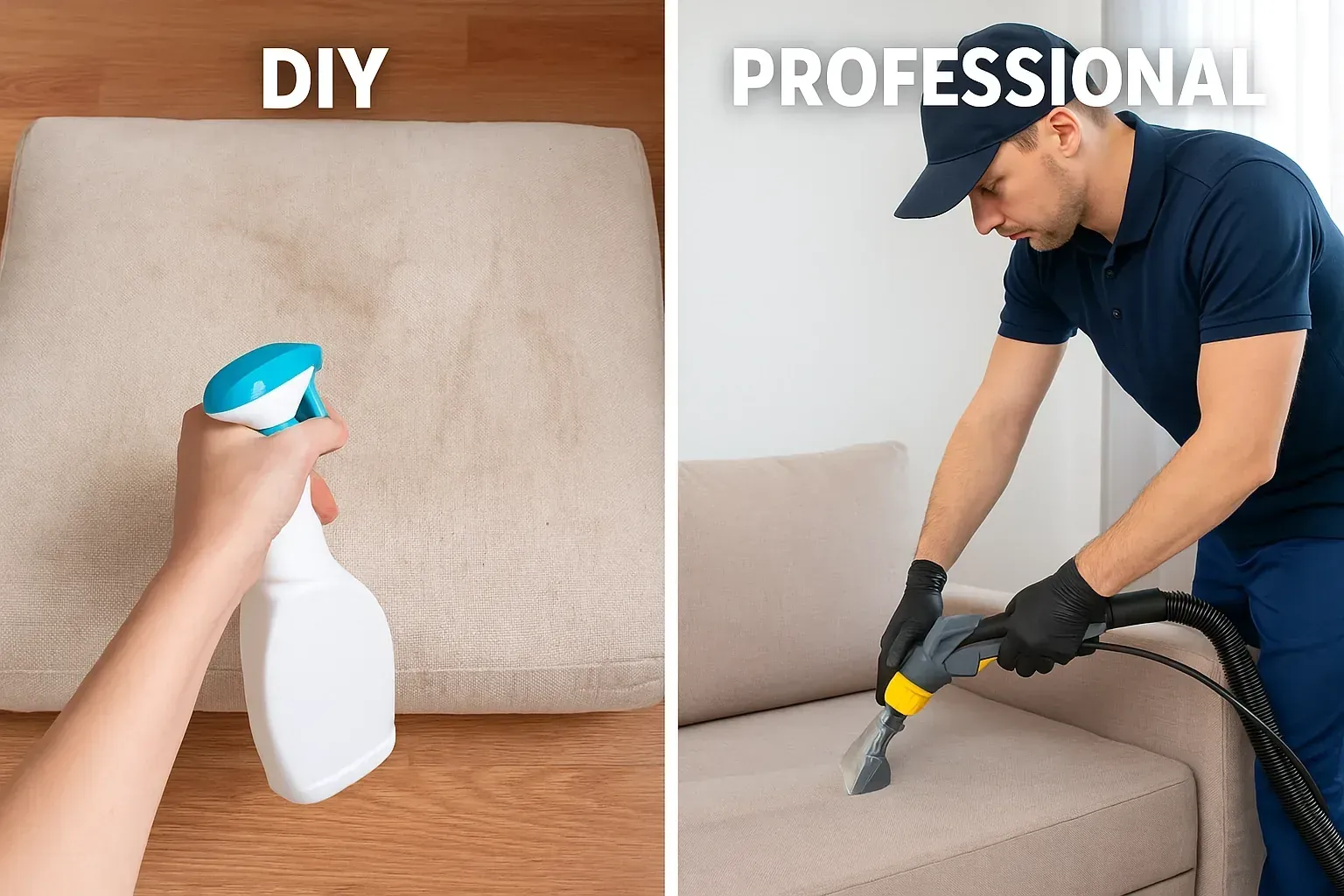 Split image showing a DIY cleaning attempt on a cushion versus a professional cleaning a full sofa.