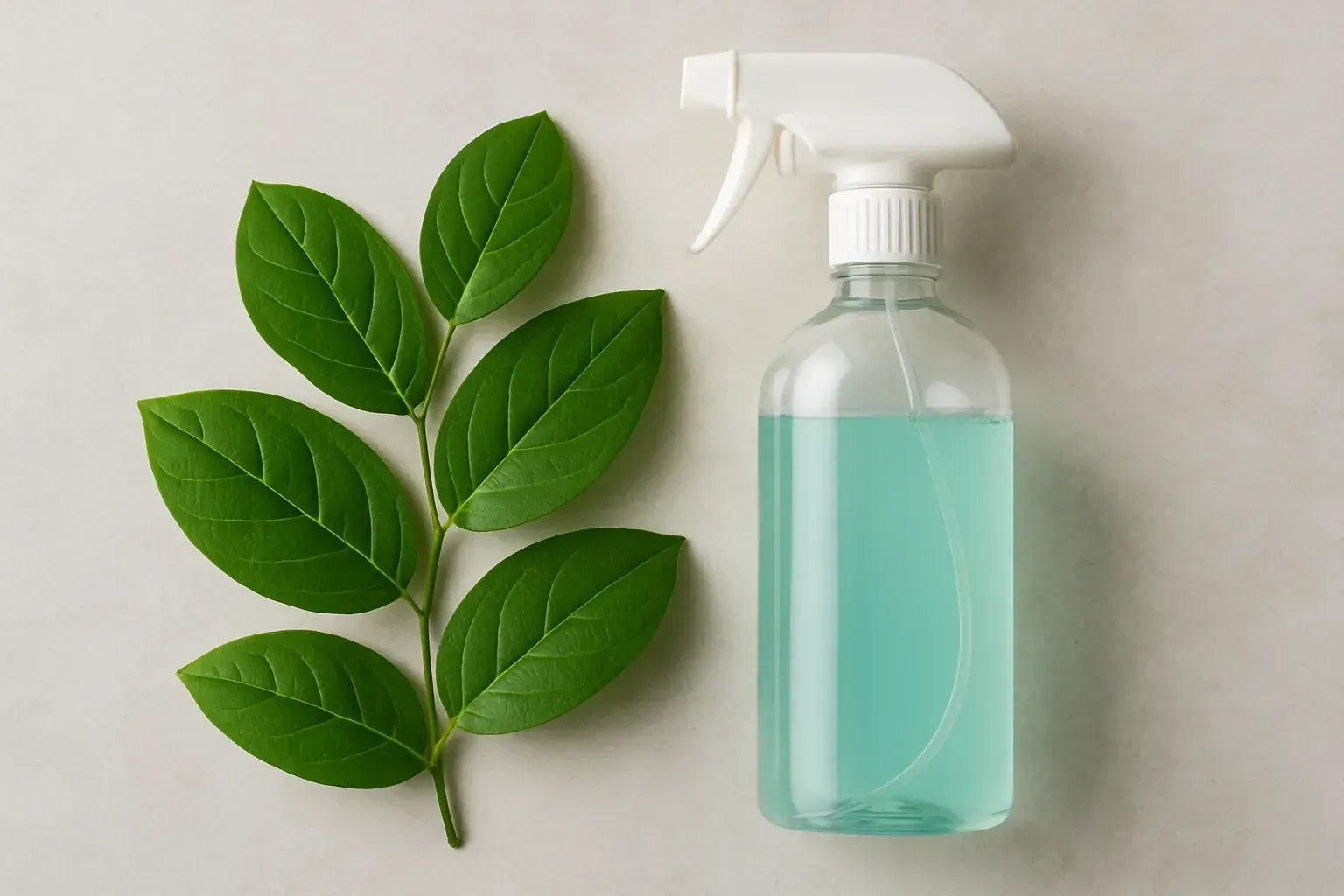 Green leaves next to a spray bottle of cleaning solution