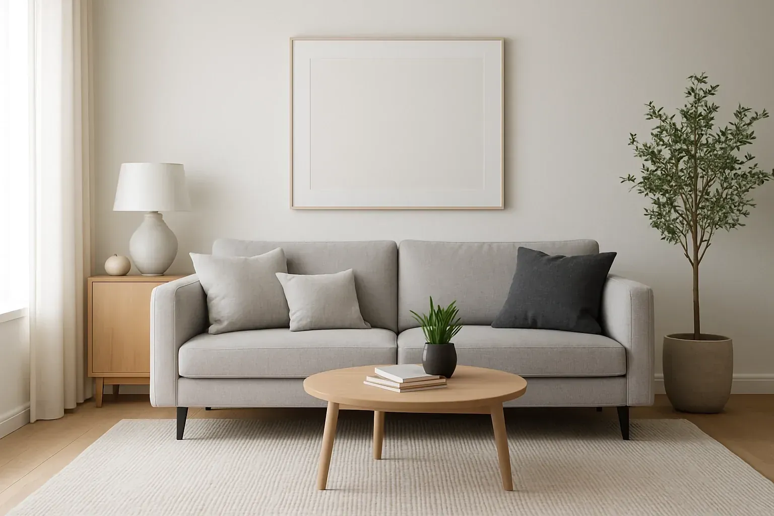 A clean, modern living room with a grey sofa